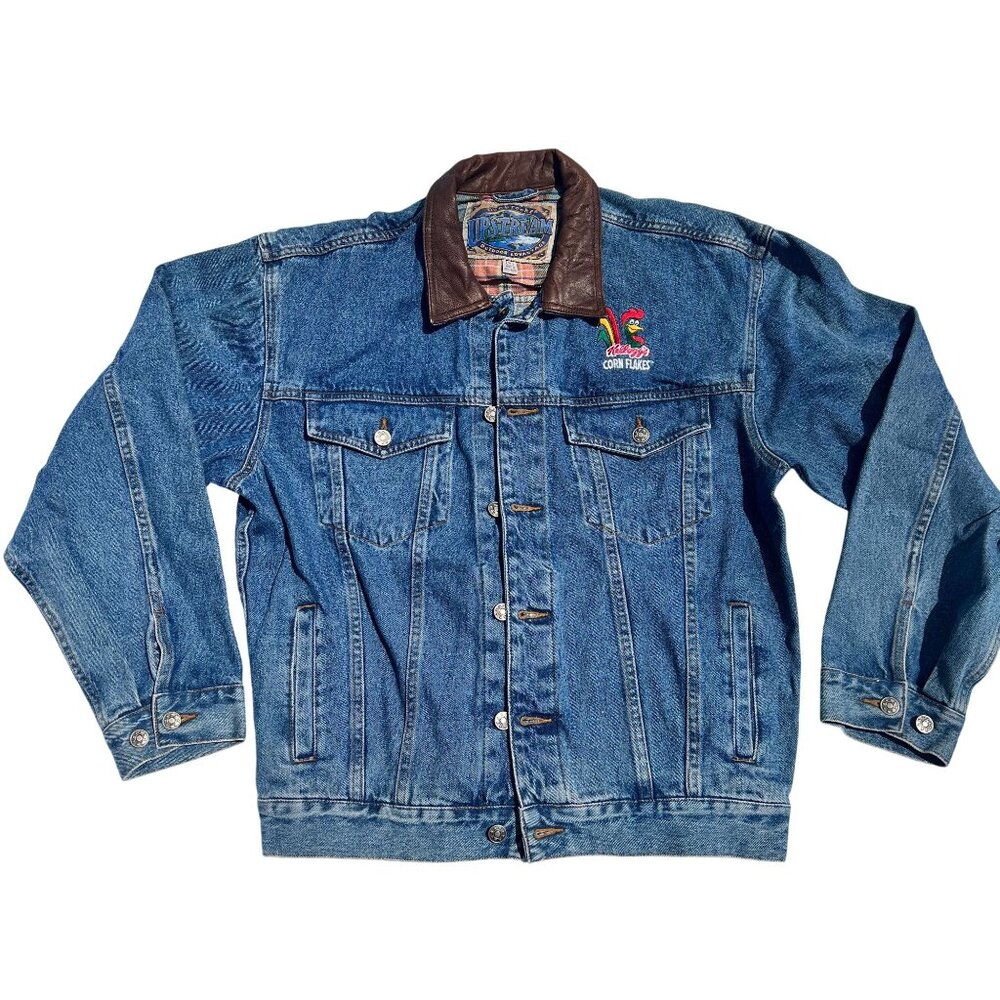 Vintage Dunbrooke Upstream Men Kelloggs Corn Flakes Denim Jacket Leather Trim